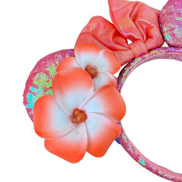 NWT Disney Parks AULANI Minnie Ears Hawaii Pink Sequin Plumeria Headband Merch - Picture 2 of 4